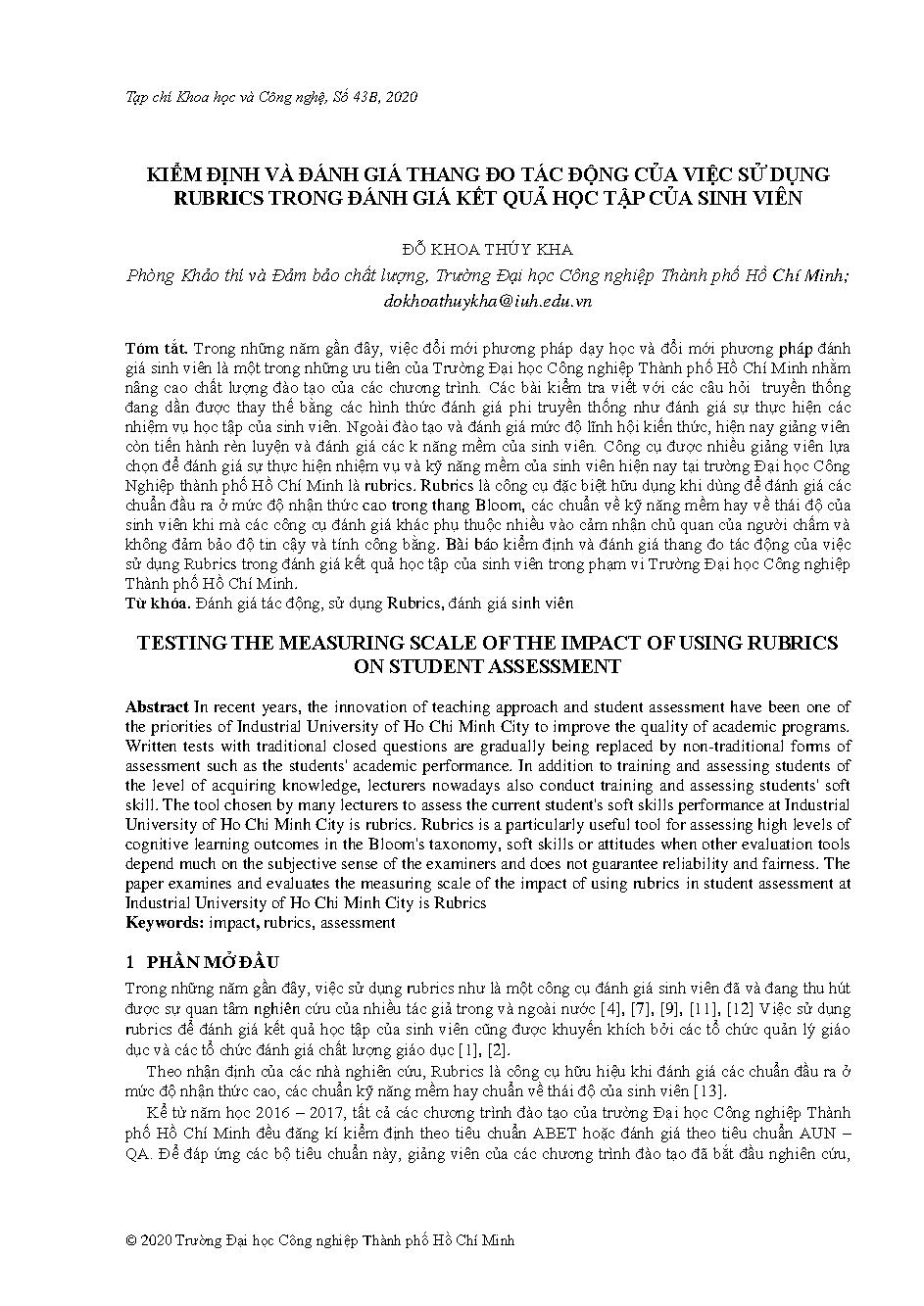 Kiểm định và đánh giá thang đo tác động của việc sử dụng rubrics trong đánh giá kết quả học tập của sinh viên