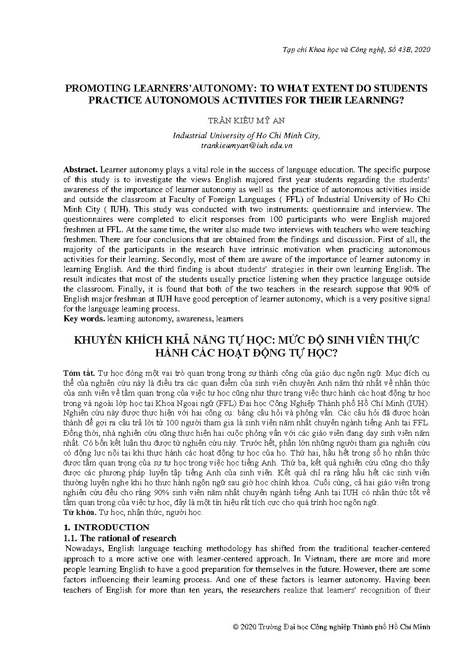 Promoting learners' autonomy: to what extent do students practice autonomous activities for their learning