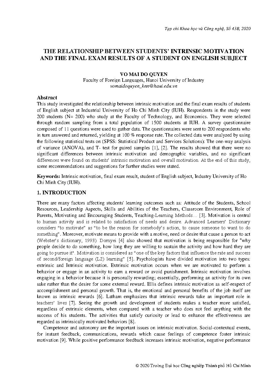 The relationship between students' intrinsic motivation and the final exam results of a student on english subject