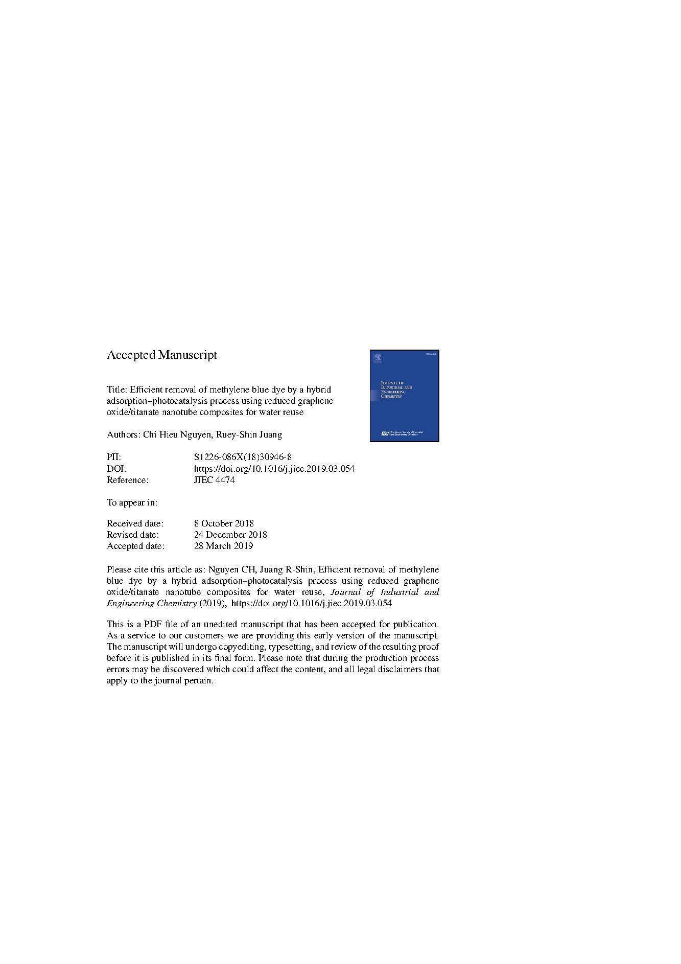 Efficient removal of methylene blue dye by a hybrid adsorption–photocatalysis process using reduced graphene oxide/titanate nanotube composites for water reuse