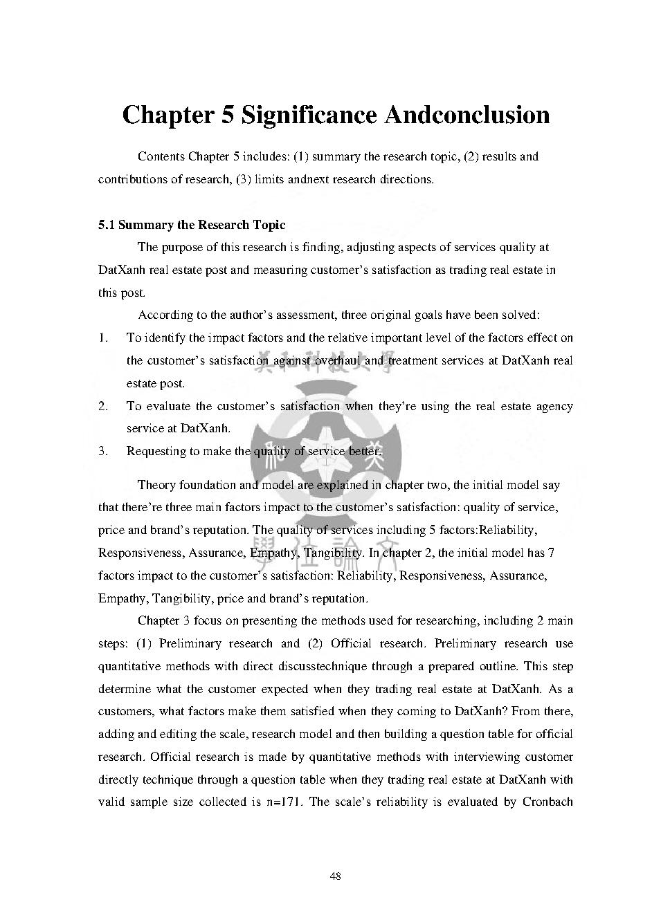 Research on Factors Influencing Customer’s Satisfaction in Service Quality at Dat Xanh Real Estate Agency: Masters thesis of Business Administration