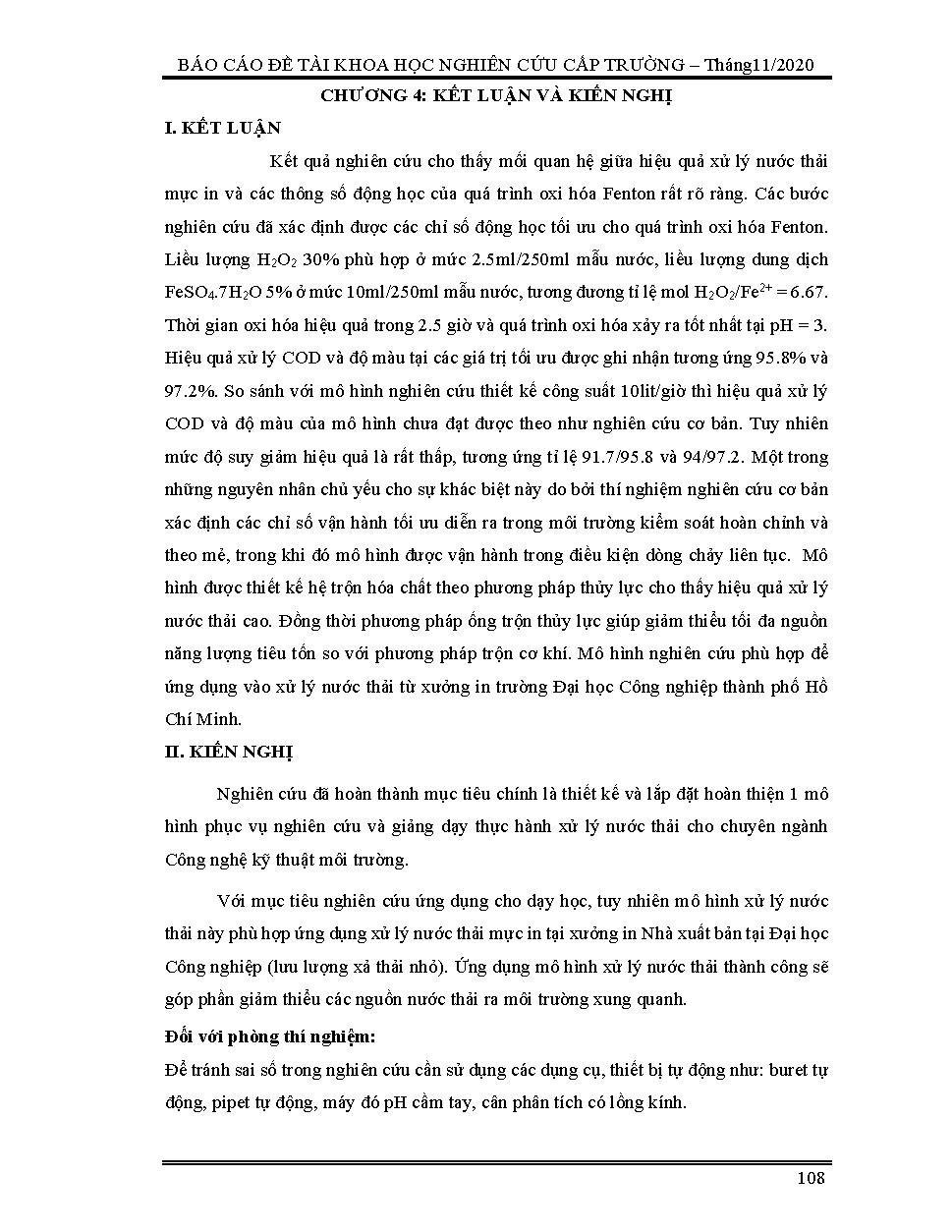 Nghiên cứu thiết kế mô hình công nghệ oxi hóa bậc cao Fenton - hấp thụ xử lý nước thải mực in nhà xuất bản Đại học Công nghiệp phục vụ giảng dạy môn thực hành xử lý nước thải: Báo cáo tổng kết đề tài khoa học cấp Trường