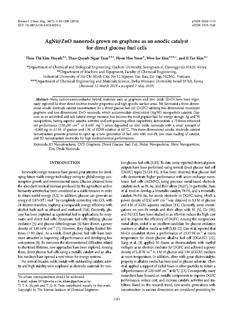 AgNi@ZnO nanorods grown on graphene as an anodic catalyst for direct glucose fuel cells