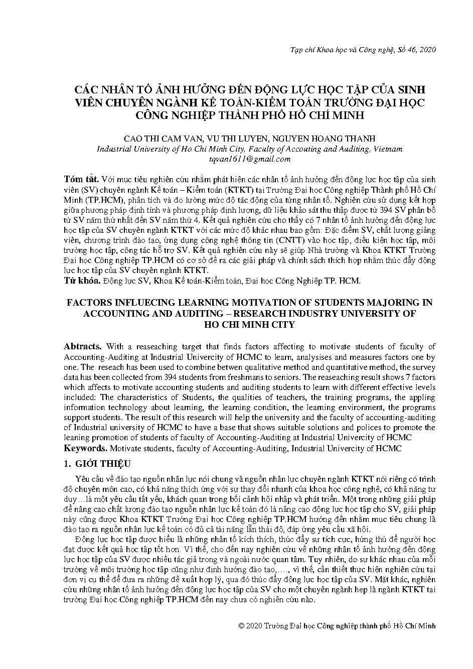 Các nhân tố ảnh hưởng đến động lực học tập của sinh viên chuyên ngành Kế toán - Kiểm toán Trường Đại học Công nghiệp Thành phố Hồ Chí Minh
