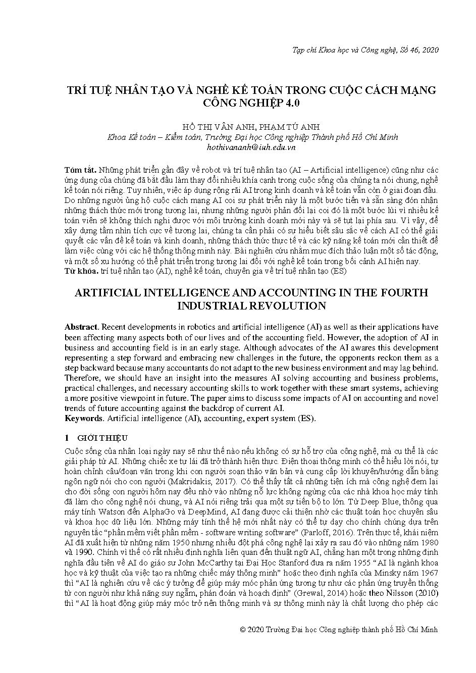 Trí tuệ nhân tạo và nghề kế toán trong cuộc cách mạng công nghiệp 4.0