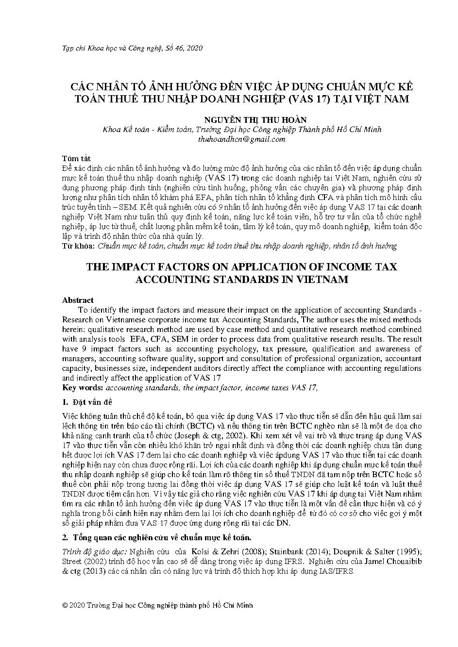Các nhân tố ảnh hưởng đến việc áp dụng chuẩn mực kế toán thuế thu nhập doanh nghiệp(VAS 17) TẠI Viet Nam
