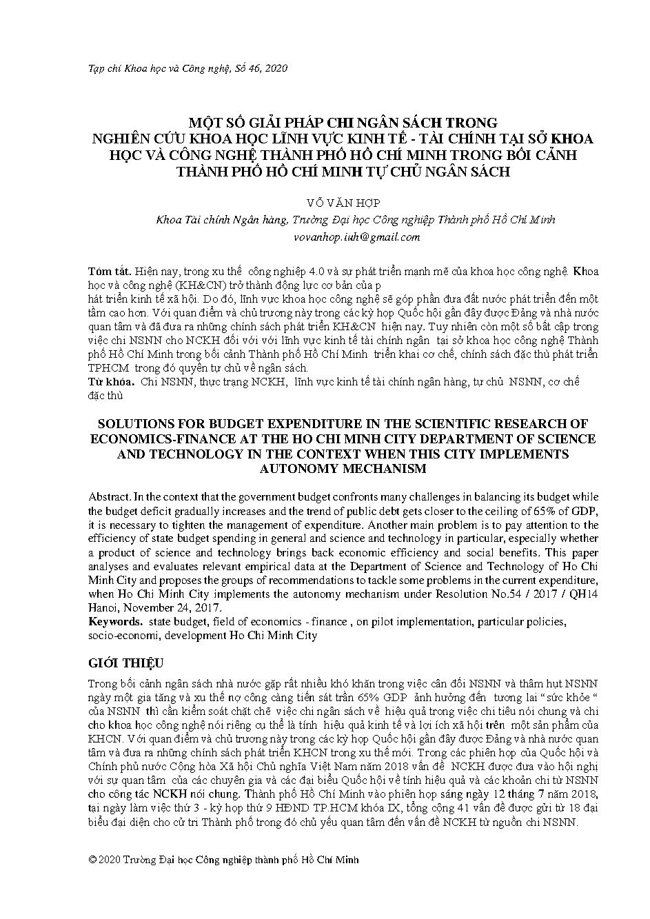 Một số giải pháp chi ngân sách trong nghiên cứu khoa học lĩnh vực kinh tế - tài chính tại sở khoa học và công nghệ Thành phố Hồ Chí Minh trong bối cảnh Thành phố Hồ Chí Minh tự chủ ngân sách