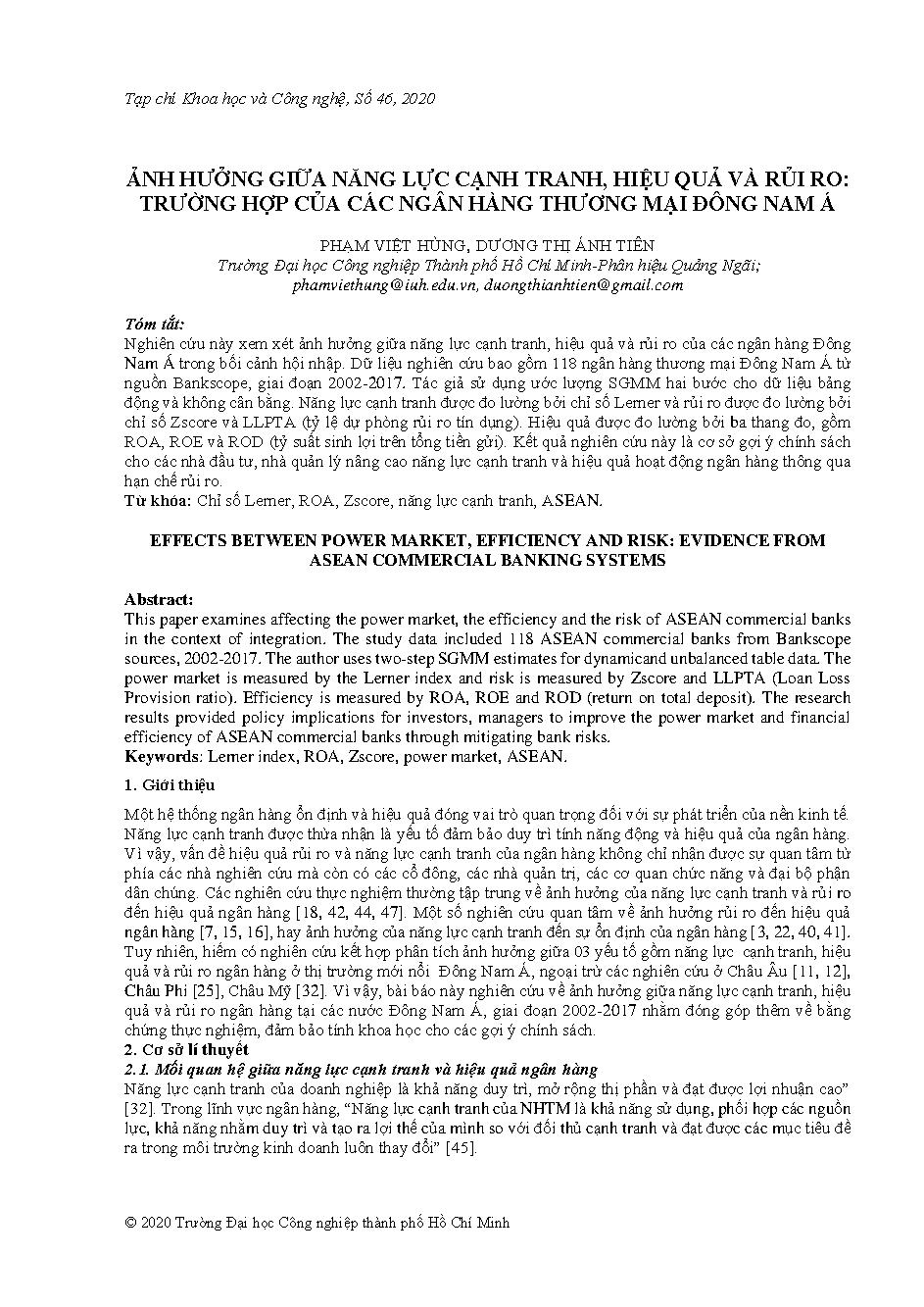 Ảnh hưởng của năng lực cạnh tranh, hiệu quả và rủi ro : Trường hợp của các ngân hàng Thương mại Đông Nam Á