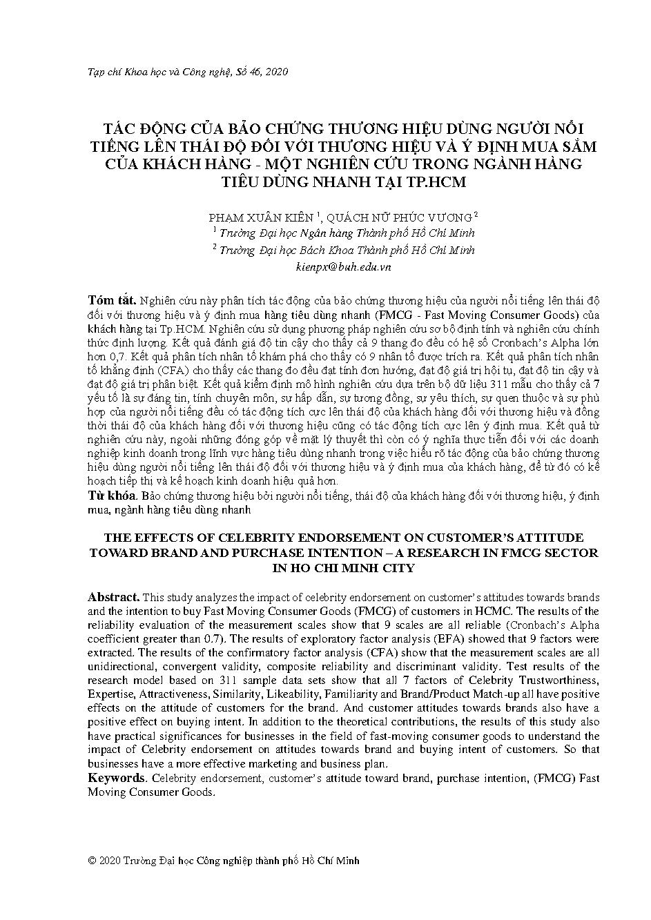 Tác động của bảo chứng thương hiệu dùng người nổi tiếng lên thái đội đối với thương hiệu và ý định mua sắm của khách hàng – một nghiên cứu trong trong ngành hàng tiêu dùng nhanh tại TP. HCM