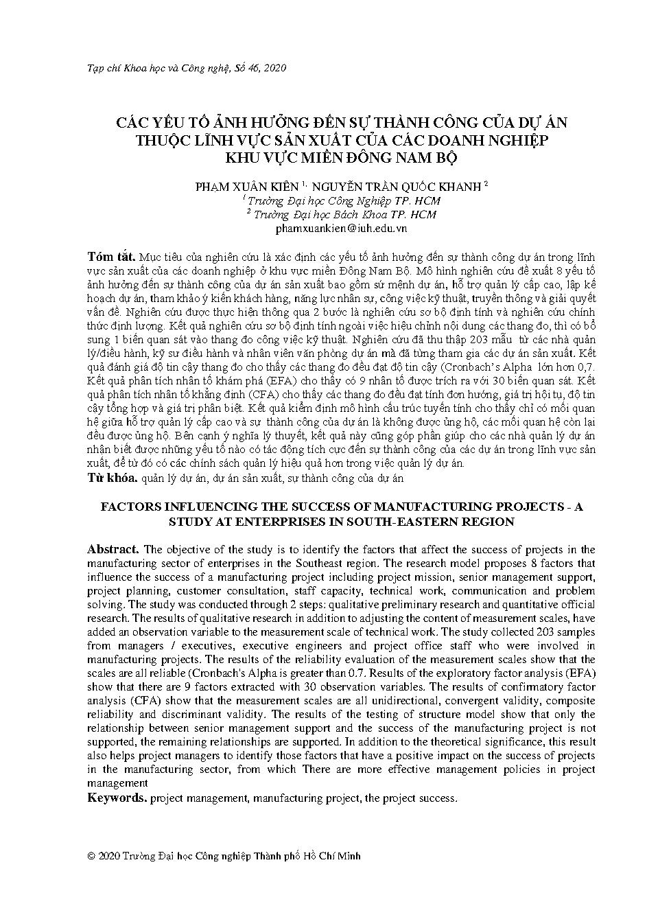 Các yếu tố ảnh hưởng đến sự thành công của dự án thuộc lĩnh vực sản xuất của các doanh nghiệp khu vực miền Đông Nam Bộ