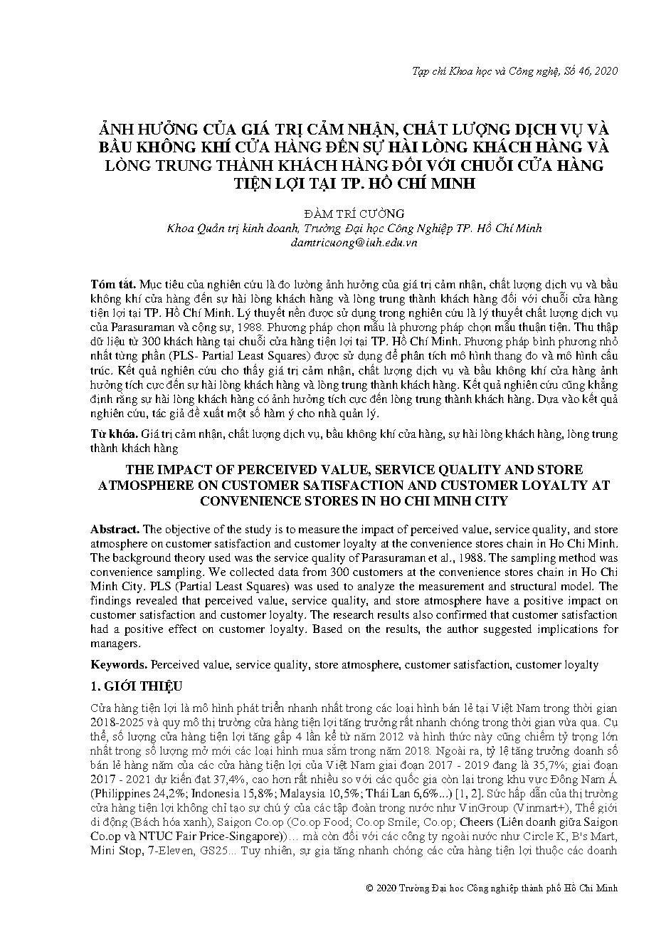 Ảnh hưởng của giá trị cảm nhận, chất lượng dịch vụ và bầu không khí cửa hàng đến sự hài lòng khách hàng và lòng trung thành khách hàng đối với chuỗi cửa hàng tiện lợi tại Tp. Hồ Chí Minh