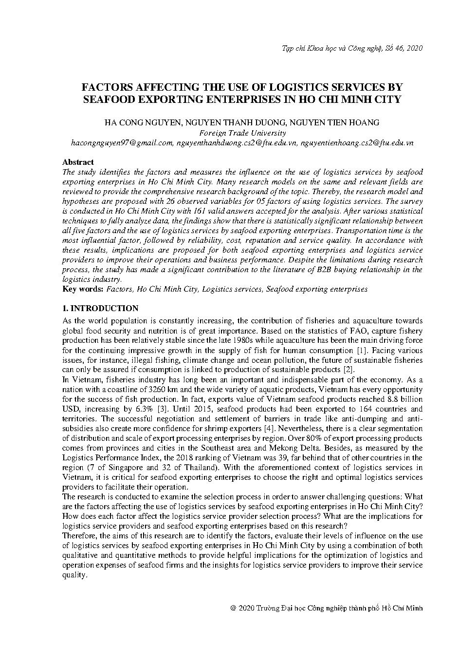 Factors affecting the use of logistics services by seafood exporting enterprises in Ho Chi Minh City