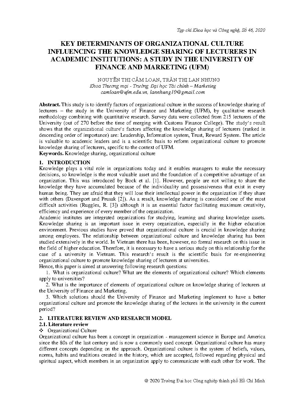 Key determinants of organizational culture influencing the knowledge sharing of lecturers in academic institutions: a study in the University of Finance And Marketing (UFM)