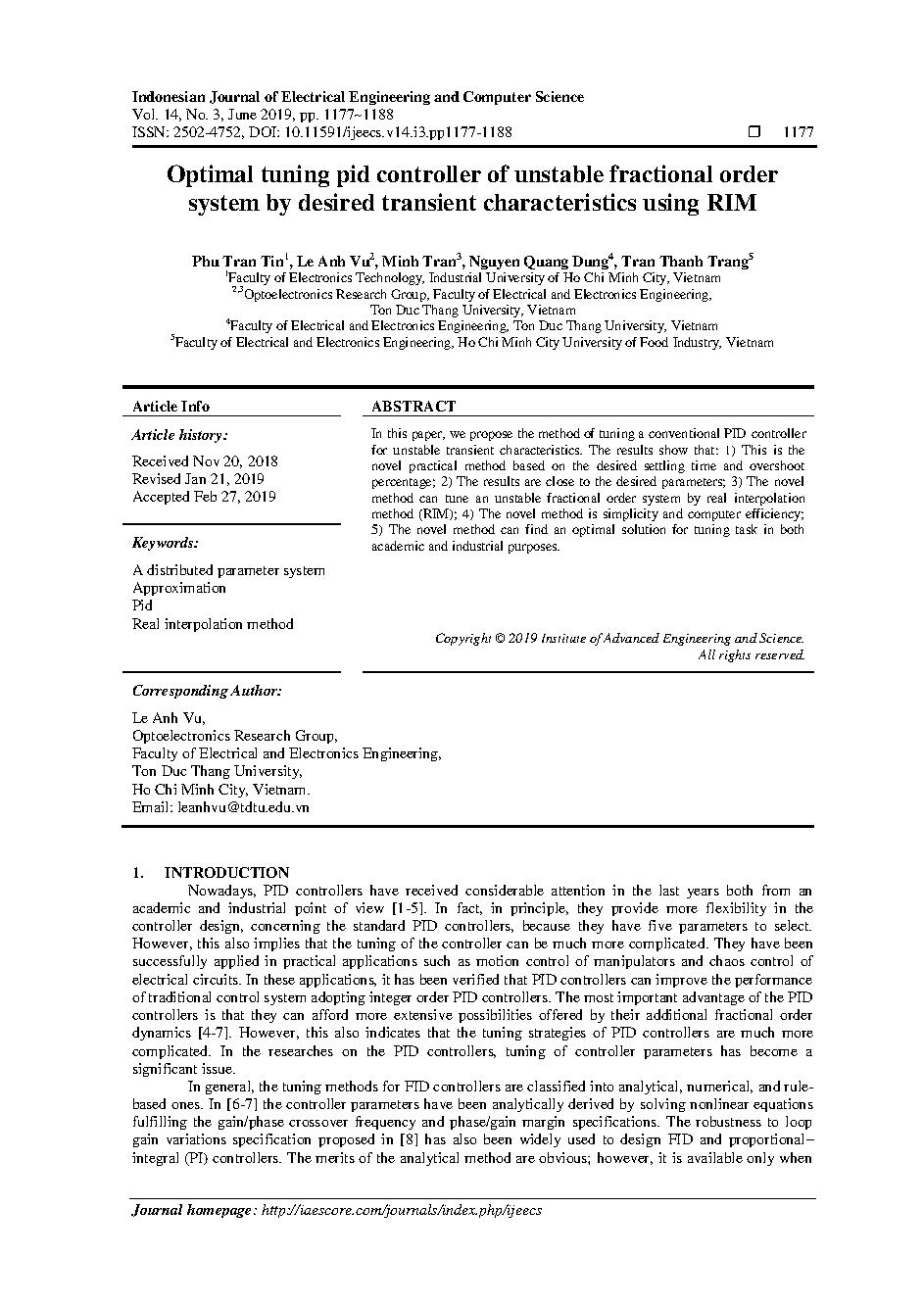 Optimal tuning pid controller of unstable fractional order system by desired transient characteristics using RIM