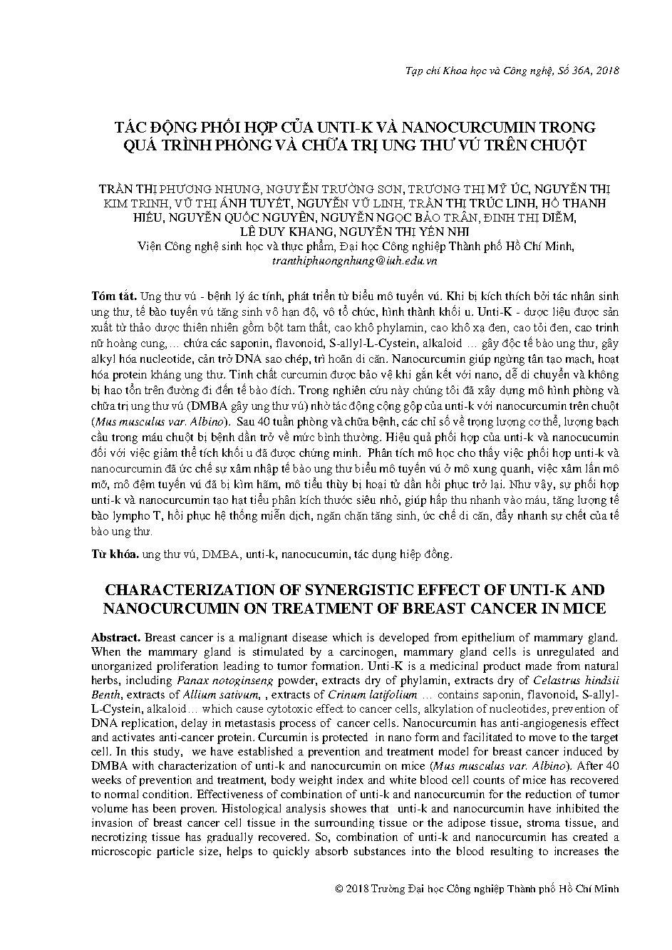 Tác động phối hợp của unti-k và nanocurcumin trong Quá trình phòng và chữa trị ung thư vú trên chuột