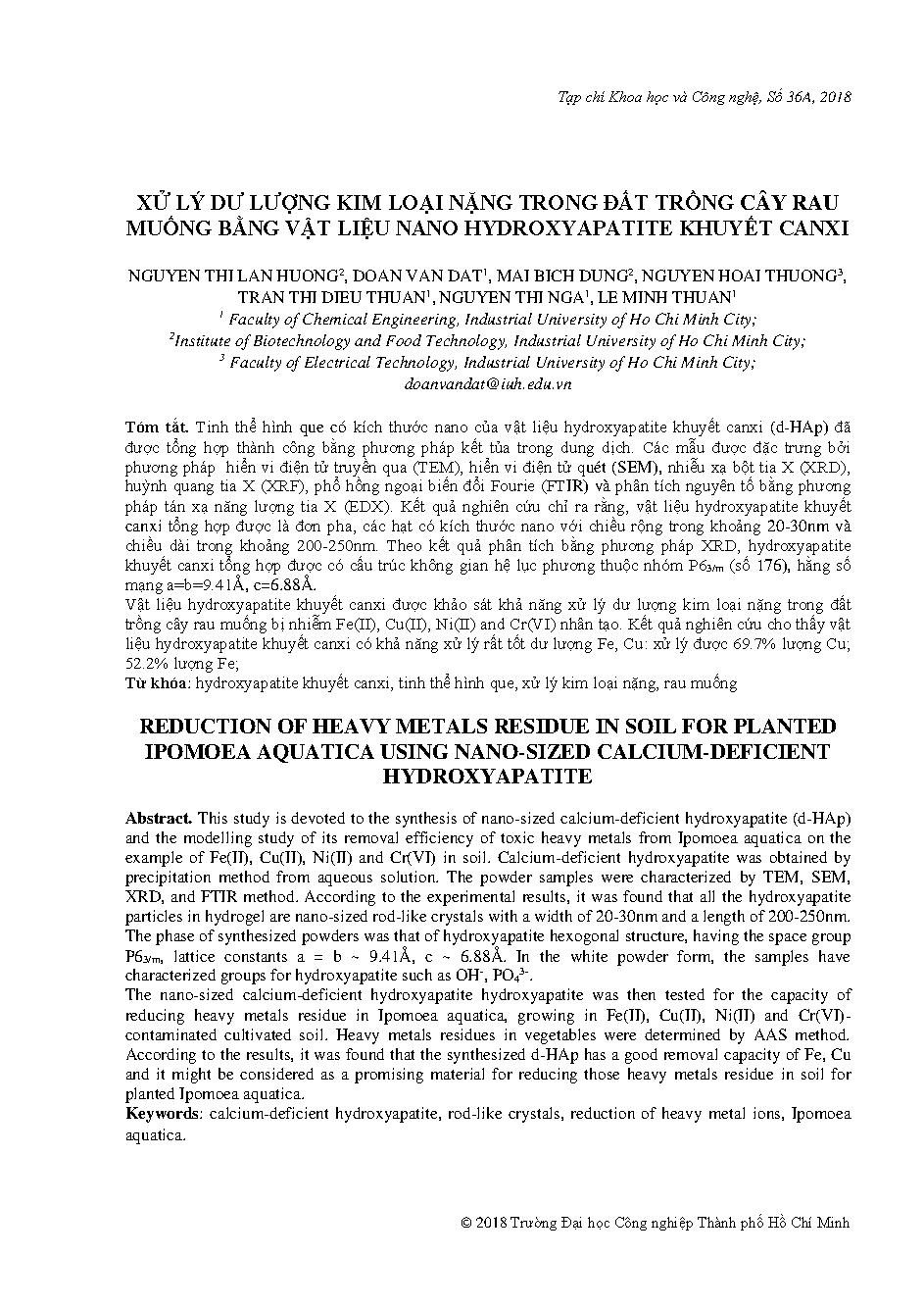 Xử lý dư lượng kim loại nặng trong đất trồng cây rau muống bằng vật liệu nano hydroxyapatite khuyết canxi