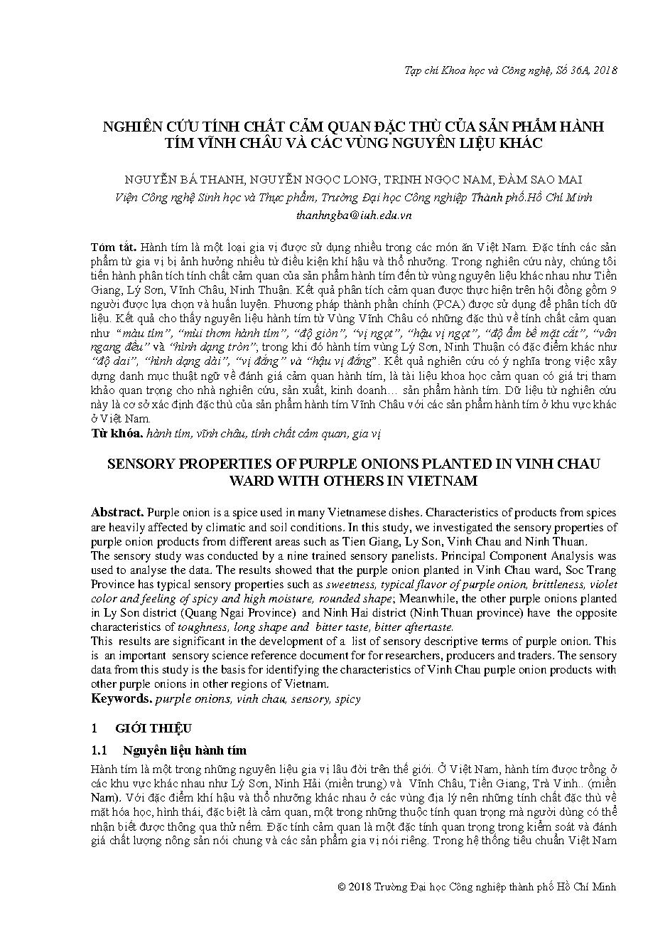 Nghiên cứu tính chất cảm quan đặc thù của sản phẩm hành tím Vĩnh Châu và các vùng nguyên liệu khác
