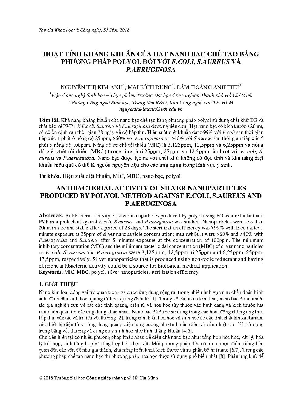 Hoạt tính kháng khuẩn của hạt nano bạc chế tạo bằng phương pháp polyol đối với e.coli, s.aureus và p.aeruginosa