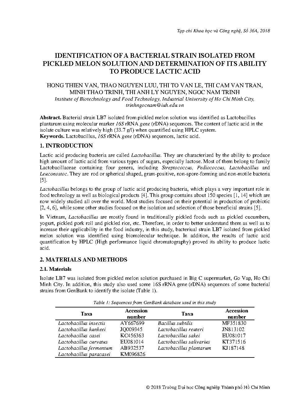 Identification of a bacterial strain isolated from pickled melon solution and determination of its ability to produce lactic acid