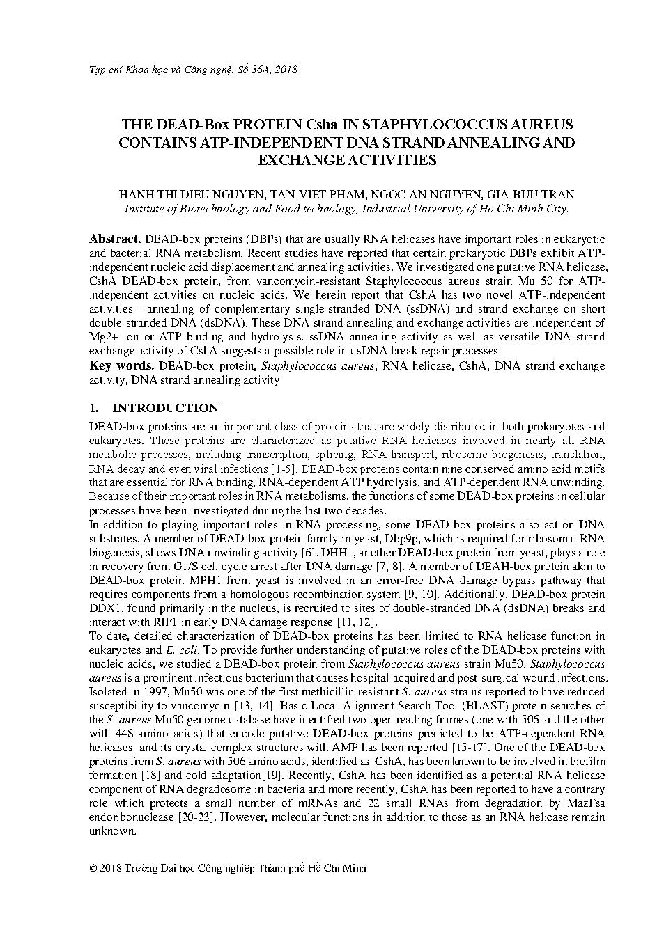 The DEAD-box protein Csha in staphylococcus aureus contains ATP-independent DNA strand annealing and exchange activities