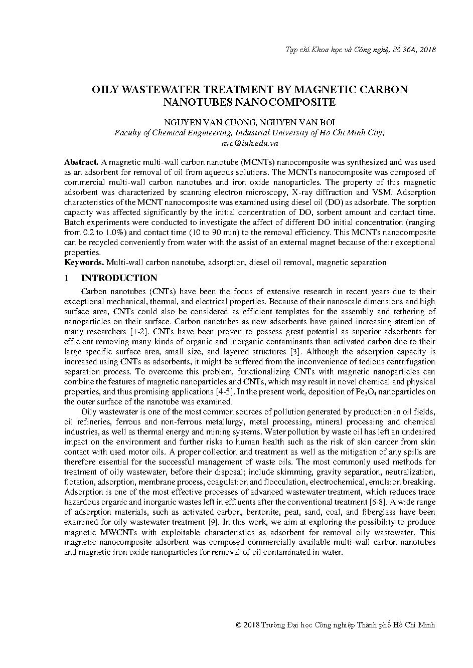 Oily wastewater treatment by magnetic carbon nanotubes nanocomposite