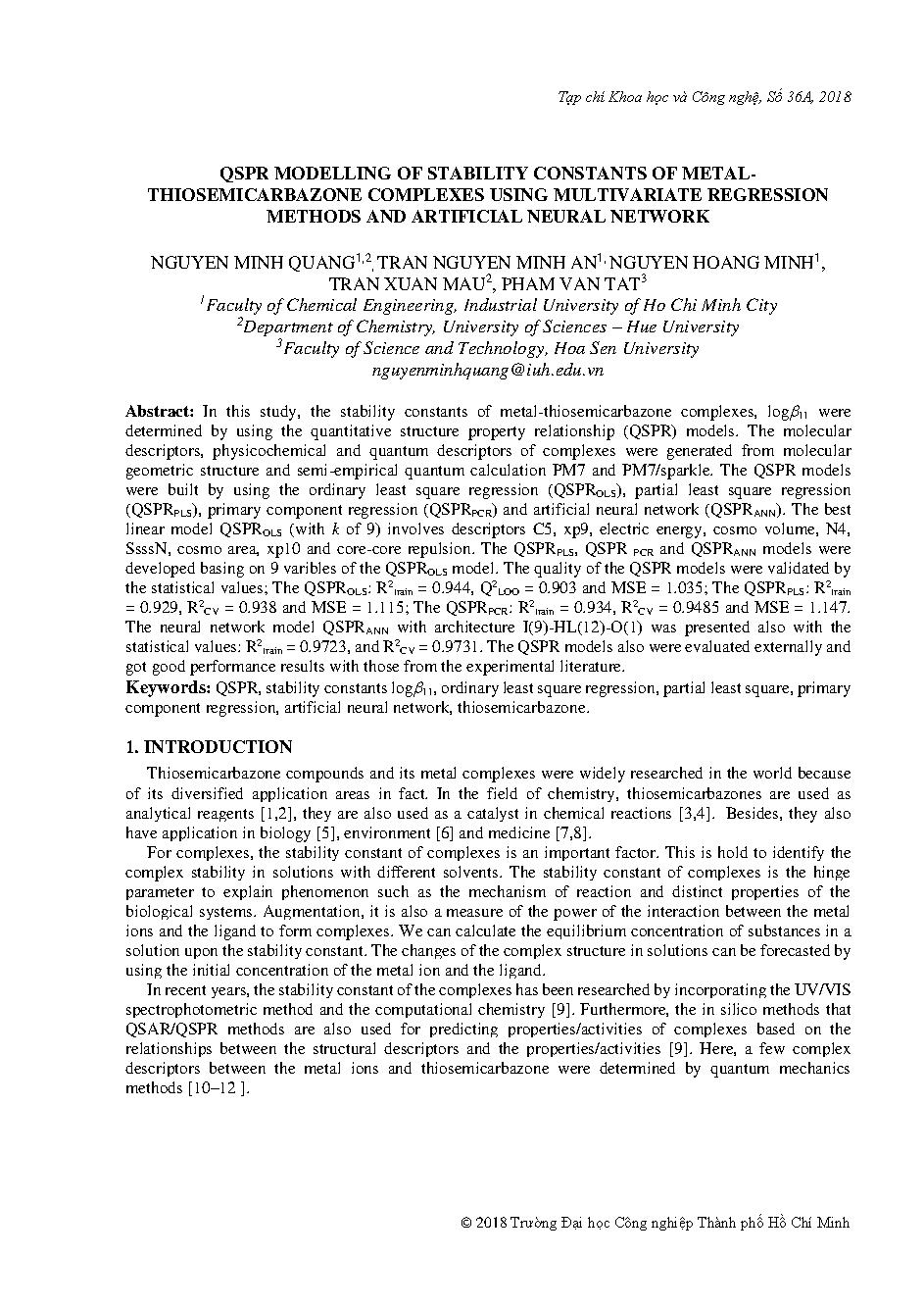 QSPR modelling of stability constants of metal-thiosemicarbazone complexes using multivariate regression methods and artificial neural network