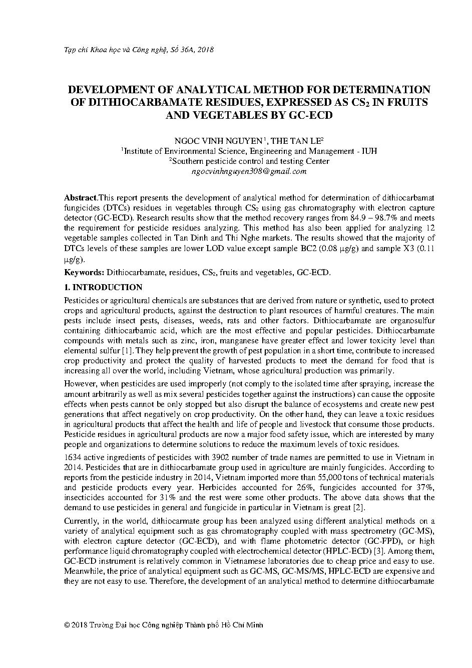 Development of analytical method for determination of dithiocarbamate residues, expressed as CS2 in fruits and vegetables by GC-ECD