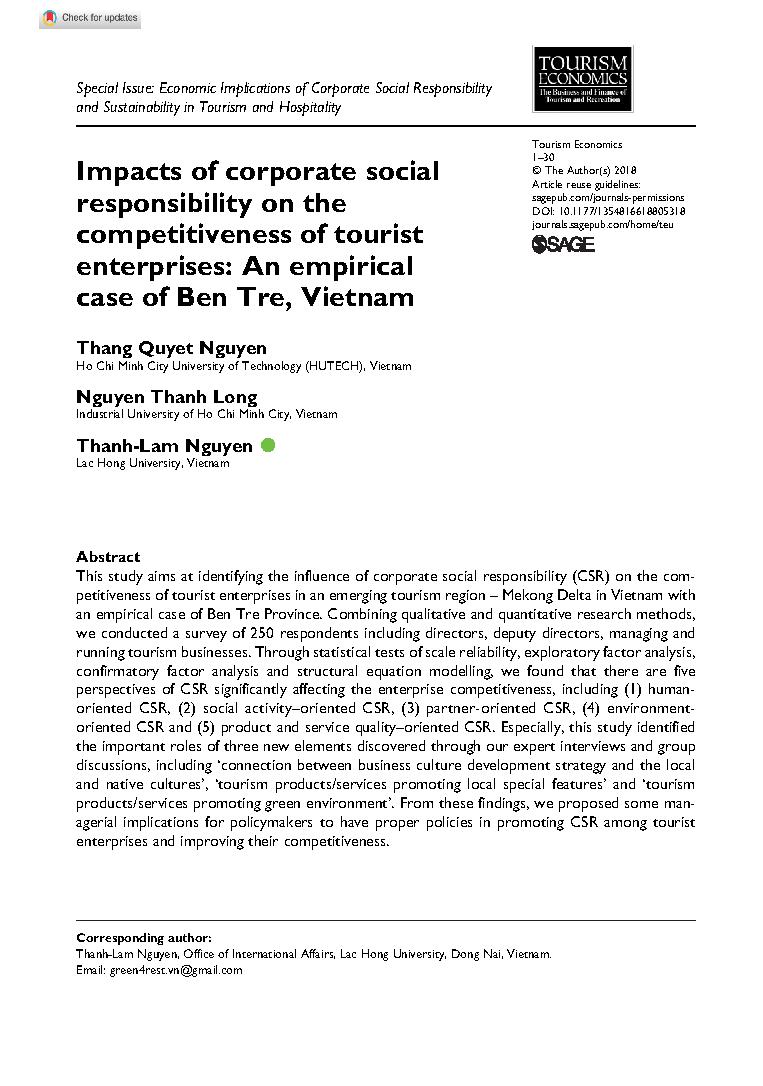 Impacts of corporate socialresponsibility on thecompetitiveness of touristenterprises: An empiricalcase of Ben Tre, Vietnam