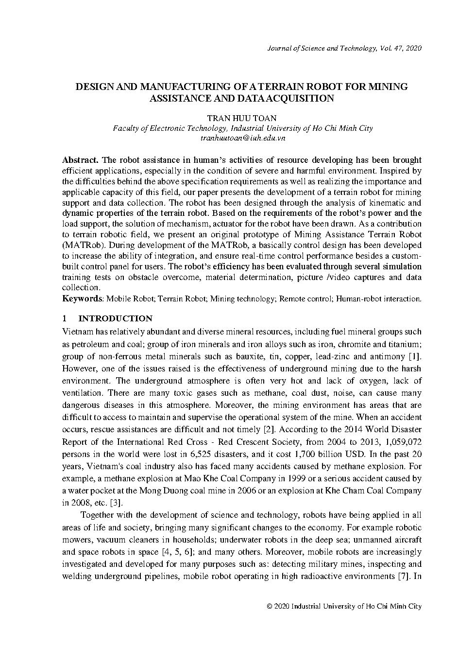 Design and manufacturing of a terrain robot for mining assistance and data acquisition