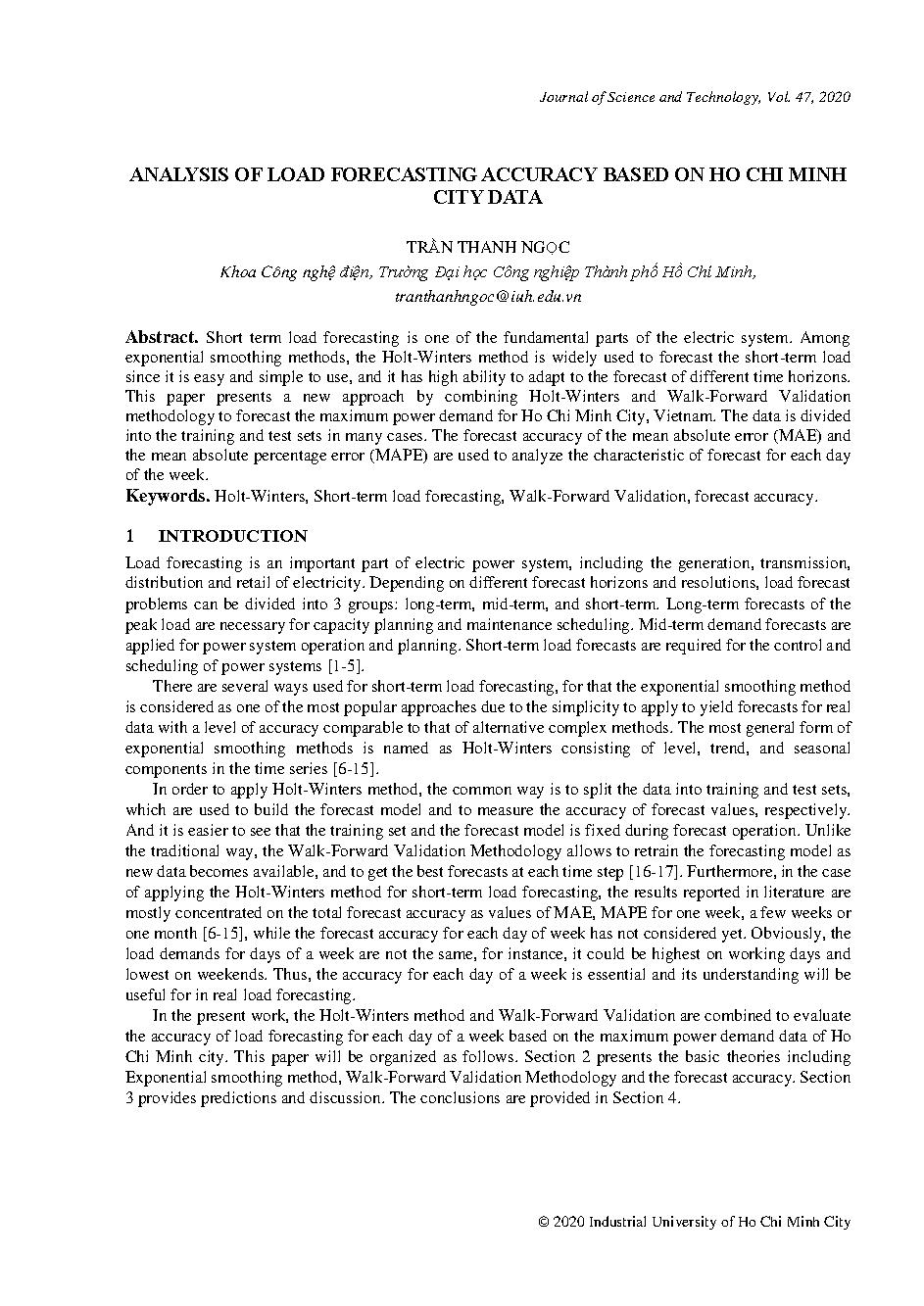 Analysis of load forecasting accuracy based on Ho Chi Minh city data