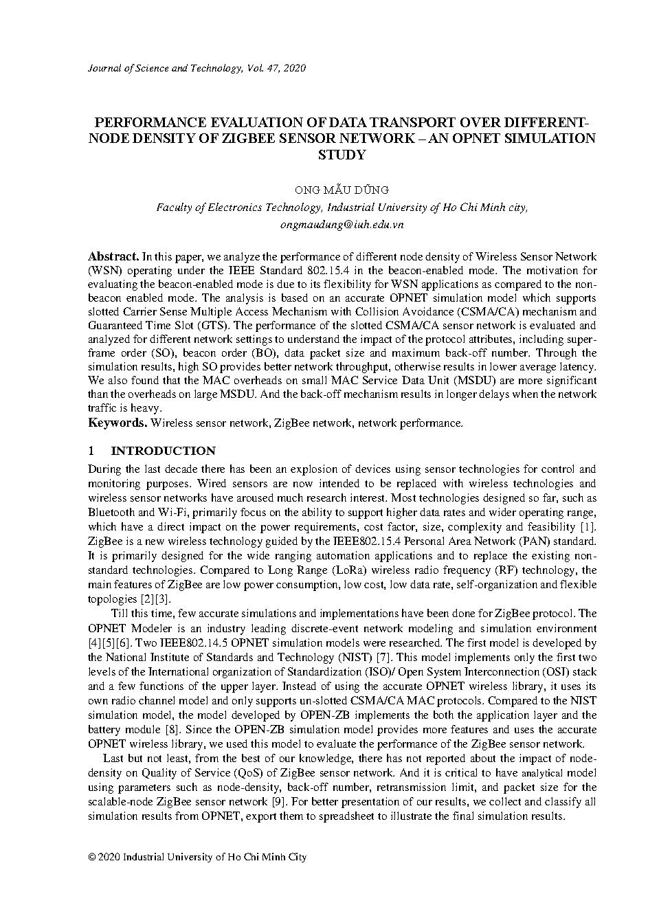 Performance evaluation of data transport over different-node density of zigbee sensor network – an opnet simulation study