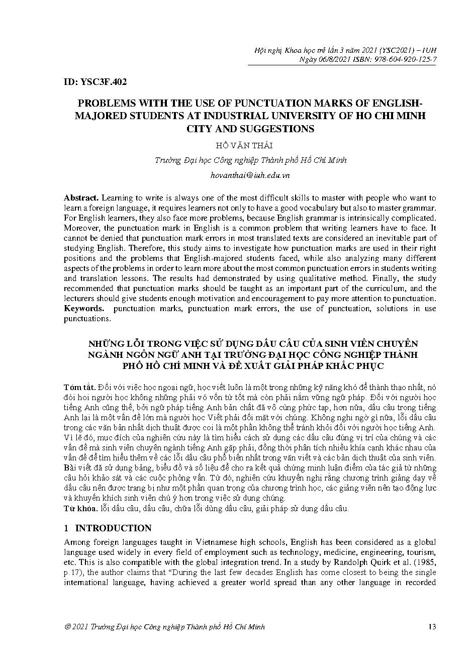 Problems with the use of punctuation marks of english-majored students at industrial university of ho chi minh city and suggestions