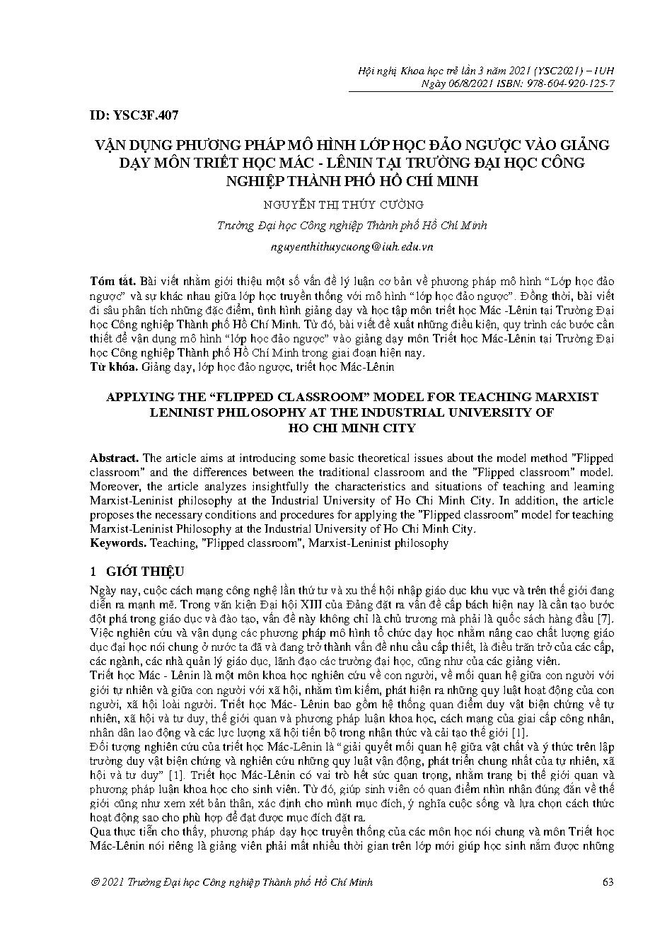 Vận dụng phương pháp mô hình lớp học đảo ngược vào giảng dạy môn triết học mác - lênin tại trường đại học công nghiệp thành phố hồ chí minh