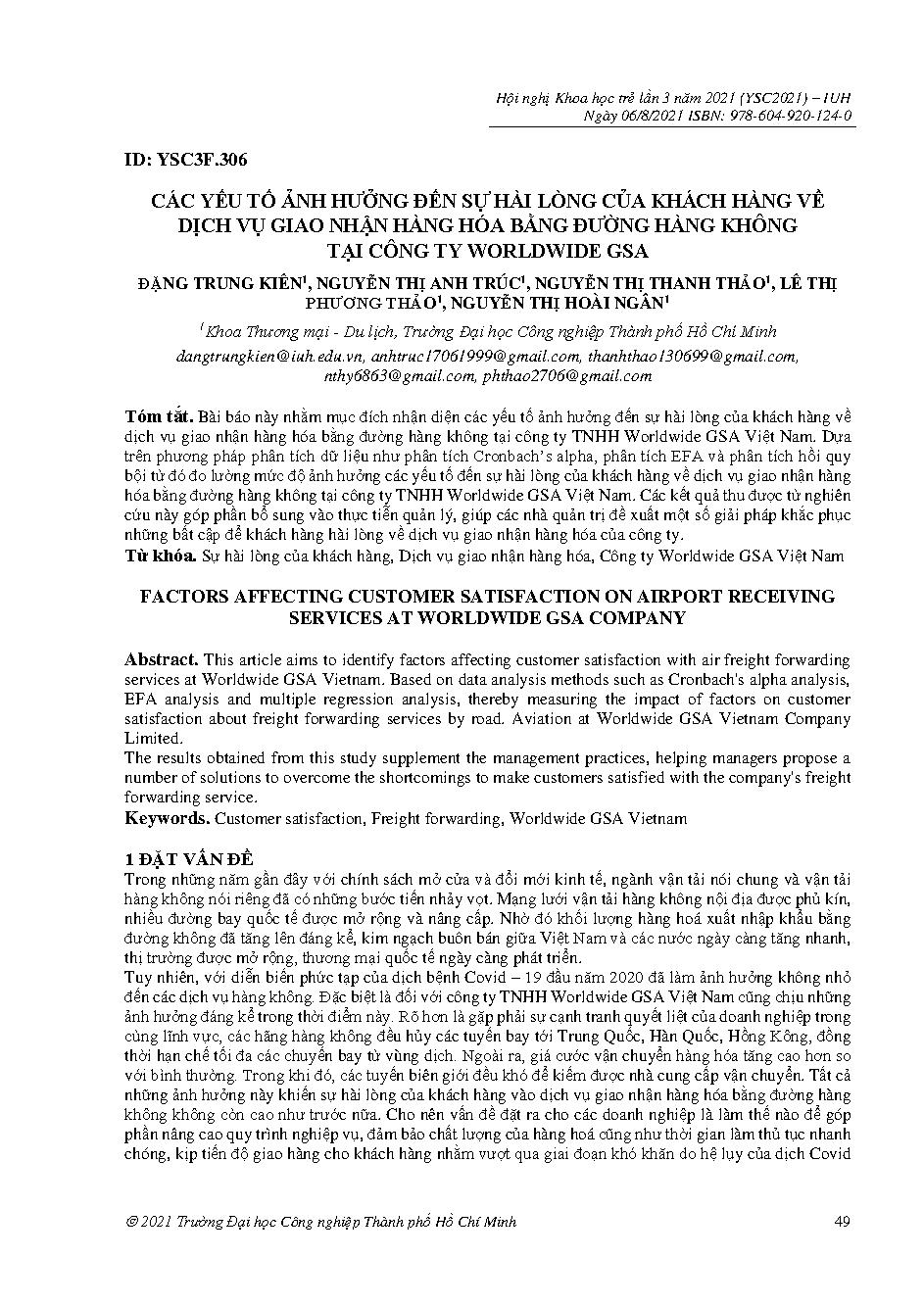 Các yếu tố ảnh hưởng đến sự hài lòng của khách hàng về dịch vụ giao nhận hàng hóa bằng đường hàng không tại Công ty Worldwide GSA