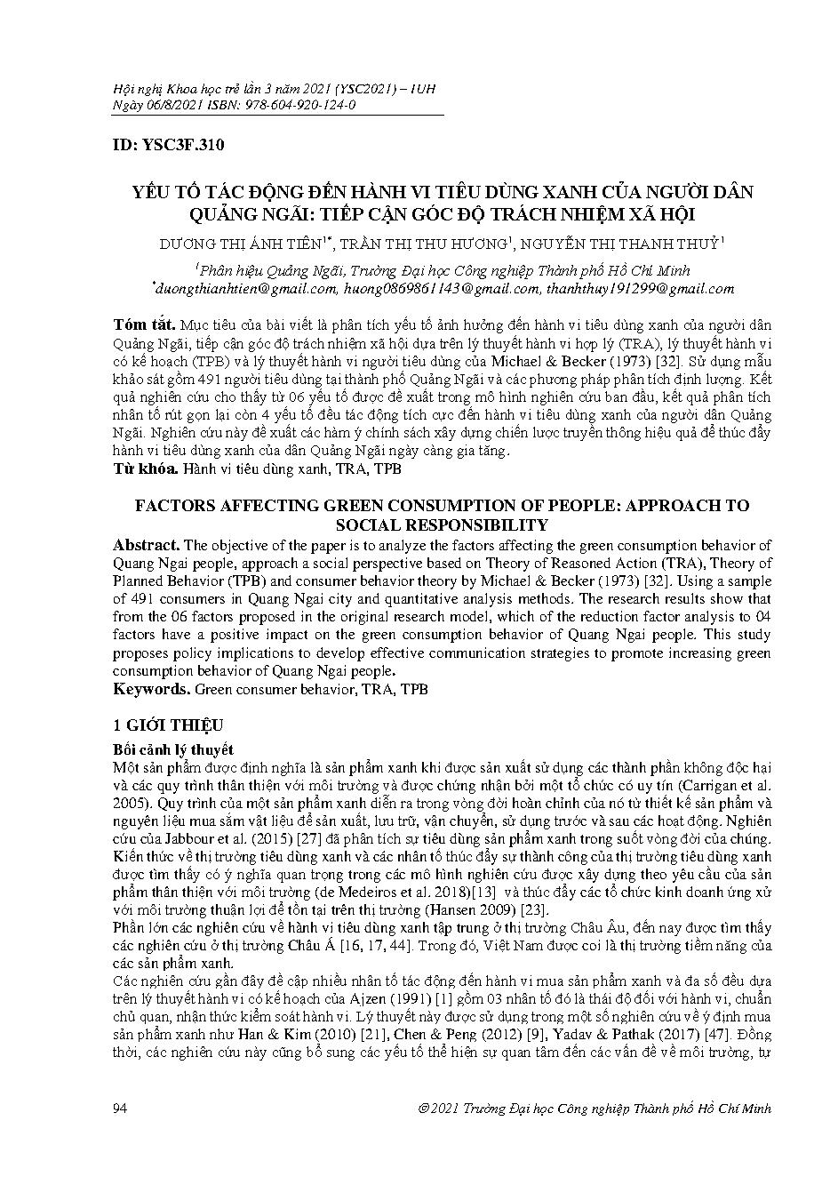 Yếu tố tác động đến hành vi tiêu dùng xanh của người dân Quảng Ngãi: tiếp cận góc độ trách nhiệm xã hội