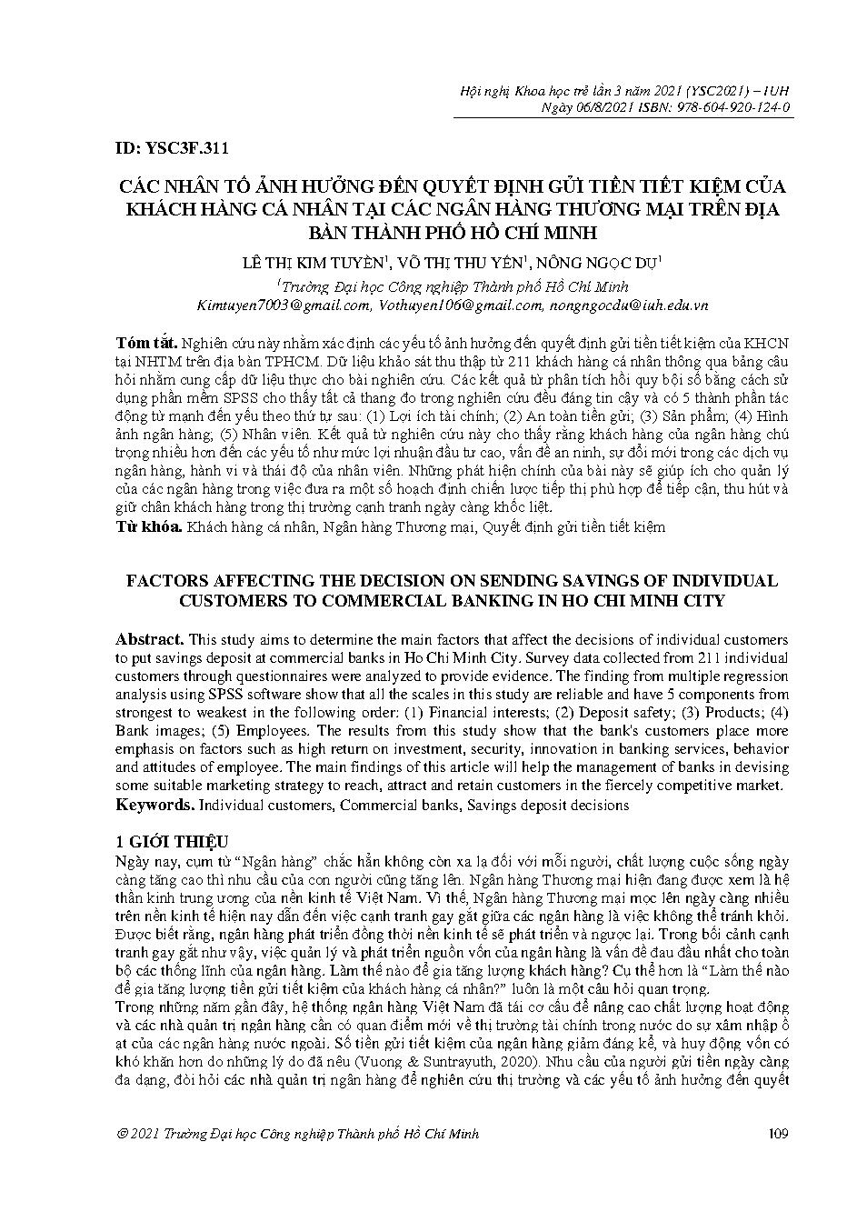 Các nhân tố ảnh hưởng đến quyết định gửi tiền tiết kiệm của khách hàng cá nhân tại các ngân hàng thương mại trên địa bàn thành phố Hồ Chí Minh