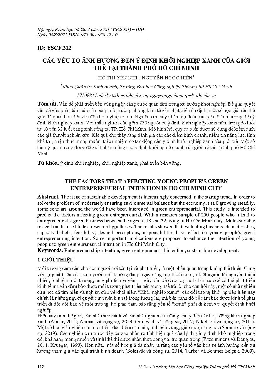Các yếu tố ảnh hưởng đến ý định khởi nghiệp xanh của giới trẻ tại thành phố Hồ Chí Minh