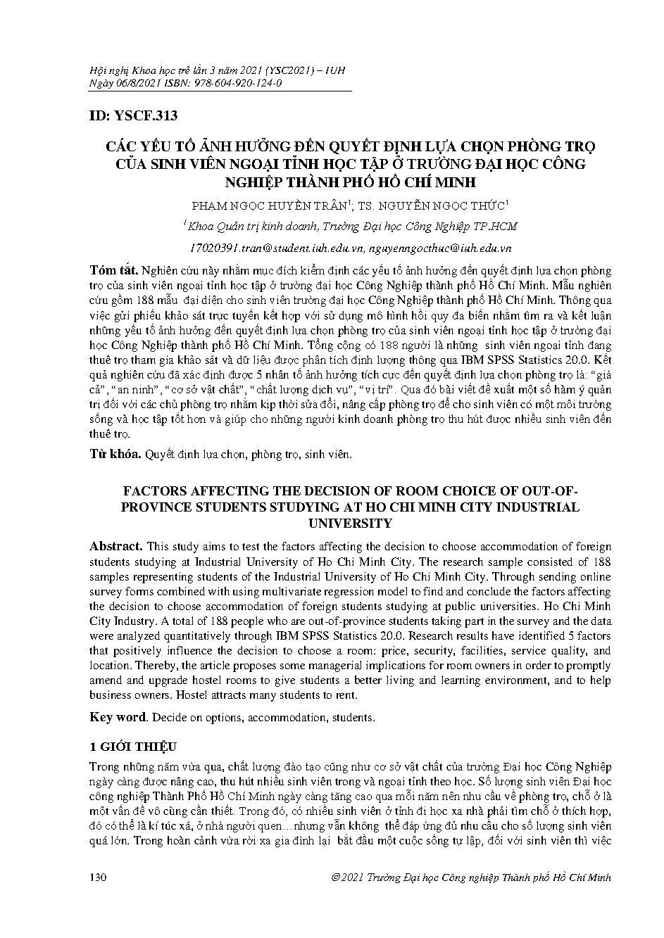 Các yếu tố ảnh hưởng đến quyết định lựa chọn phòng trọ của sinh viên ngoại tỉnh học tập ở Trường đại học Công Nghiệp thành phố Hồ Chí Minh