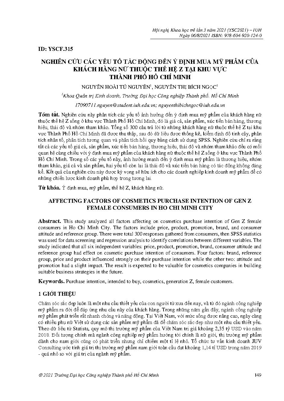 Nghiên cứu các yếu tố tác động đến ý định mua mỹ phẩm của khách hàng nữ thuộc thế hệ z tại khu vực thành phố Hồ Chí Minh