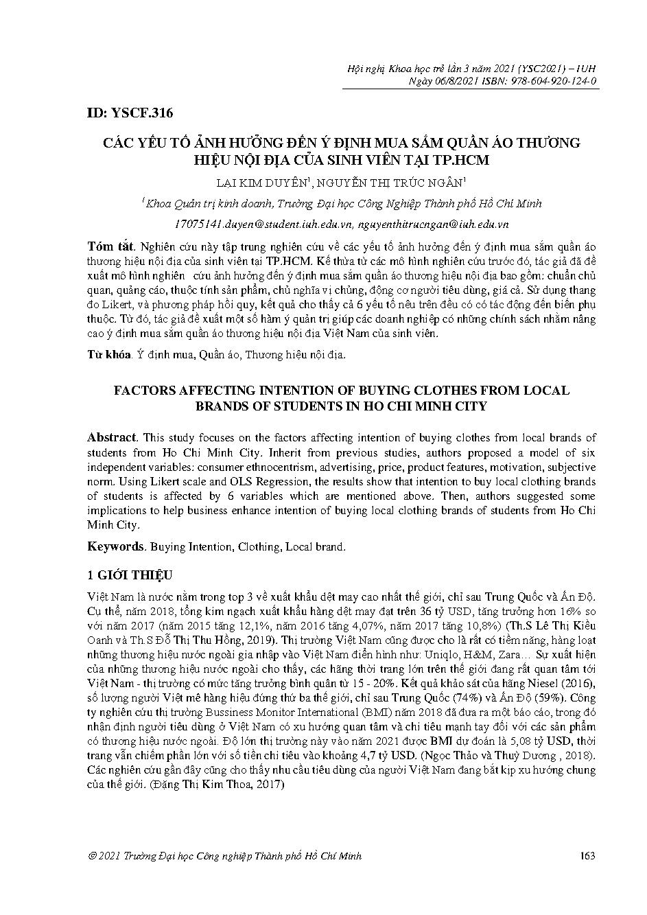 Các yếu tố ảnh hưởng đến ý định mua sắm quần áo thương hiệu nội địa của sinh viên tại Tp.HCM