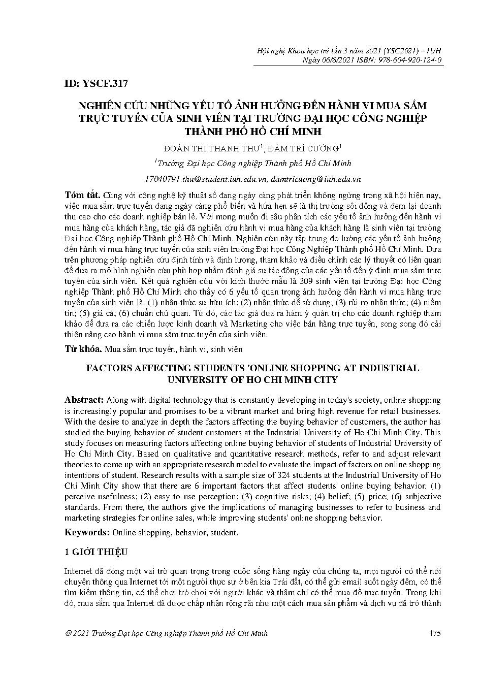 Nghiên cứu những yếu tố ảnh hưởng đến hành vi mua sắm trực tuyến của sinh viên tại Trường đại học Công Nghiệp thành phố Hồ Chí Minh