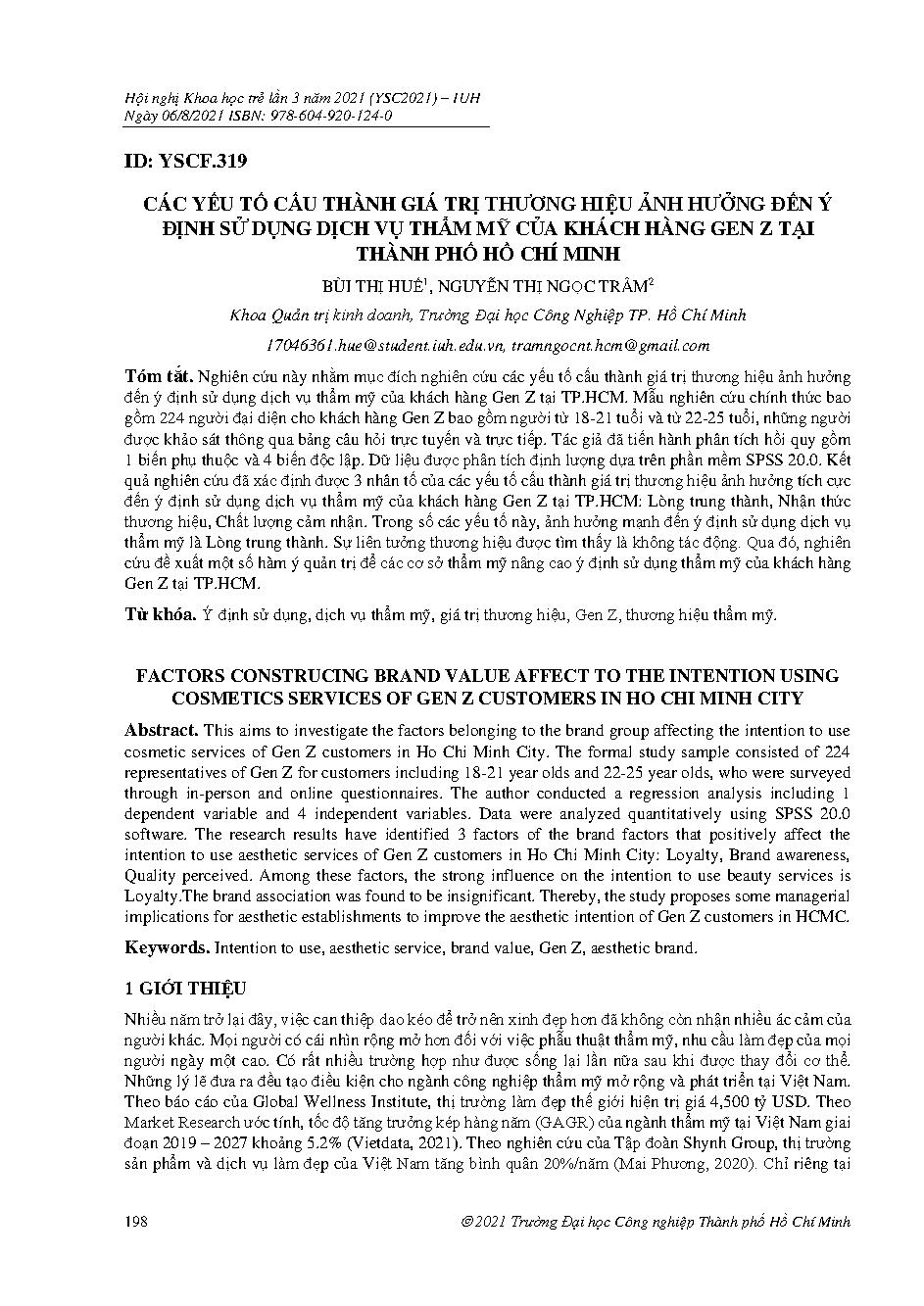 Các yếu tố cấu thành giá trị thương hiệu ảnh hưởng đến ý định sử dụng dịch vụ thẩm mỹ của khách hàng gen z tại thành phố Hồ Chí Minh