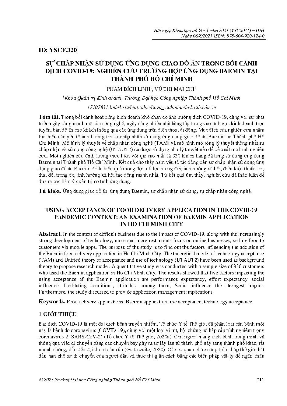 Sự chấp nhận sử dụng ứng dụng giao đồ ăn trong bối cảnh dịch covid-19: nghiên cứu trường hợp ứng dụng baemin tại thành phố Hồ Chí Minh