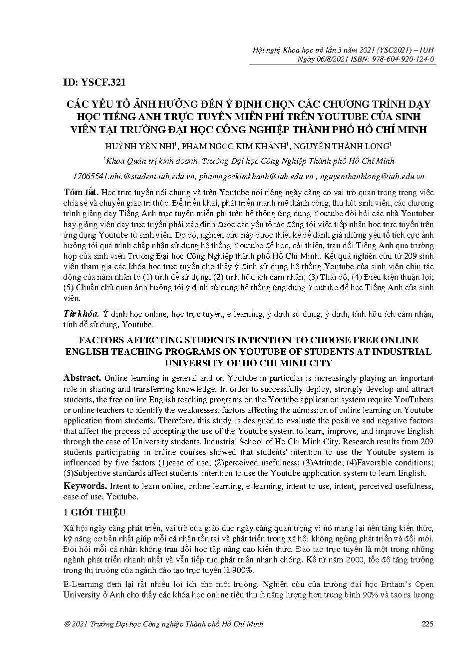 Các yếu tố ảnh hưởng đến ý định chọn các chương trình dạy học tiếng anh trực tuyến miễn phí trên youtube của sinh viên tại Trường đại học Công nghiệp thành phố Hồ Chí Minh