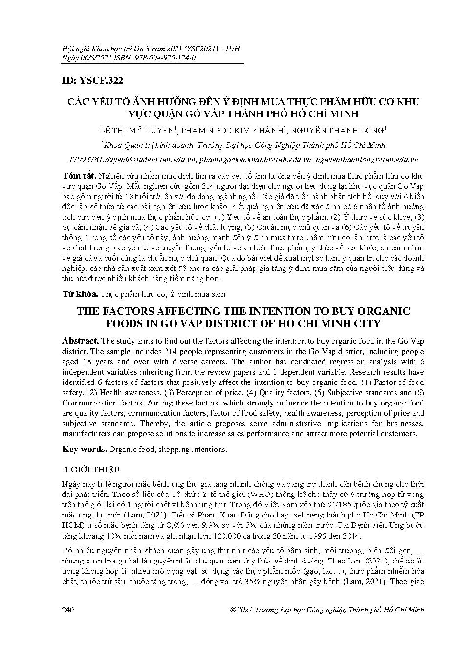 Các yếu tổ ảnh hưởng đến ý định mua thực phẩm hữu cơ khu vực quận gò vấp thành phố Hồ Chí Minh