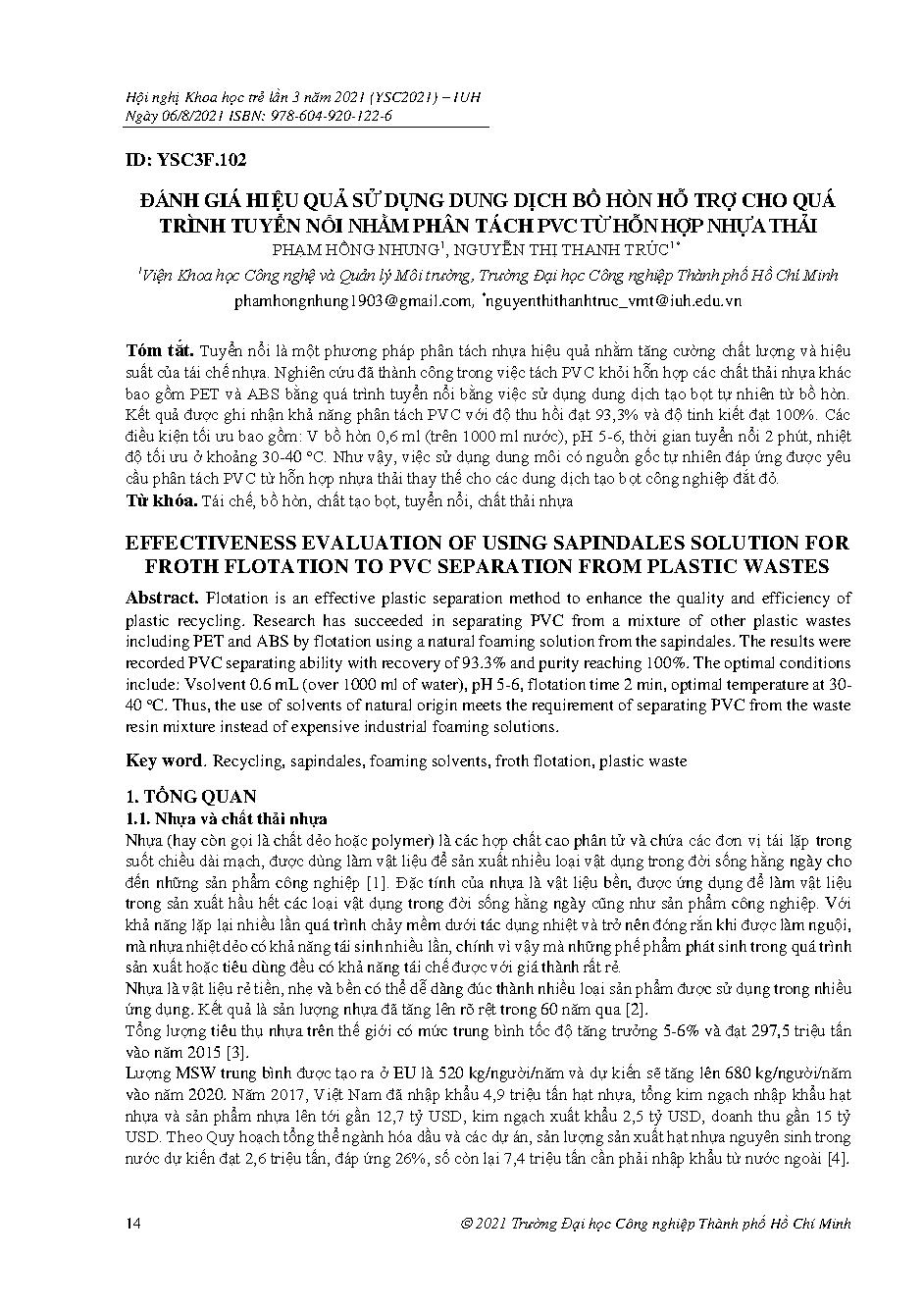 Đánh giá hiệu quả sử dụng dung dịch bồ hòn hỗ trợ cho quá trình tuyển nổi nhằm phân tách PVC từ hỗn hợp nhựa thải