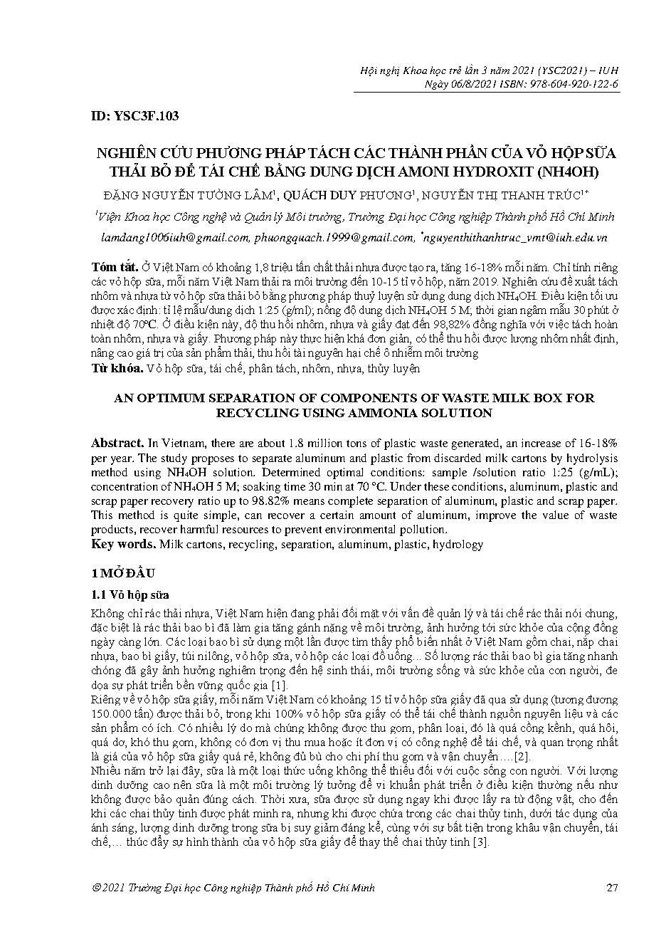 Nghiên cứu phương pháp tách các thành phần của vỏ hộp sữa thải bỏ để tái chế bằng dung dịch amoni hydroxit (NH4OH)