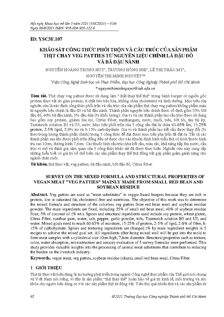 Khảo sát công thức phối trộn và cấu trúc của sản phẩm thịt chay veg patties từ nguyên liệu chính là đậu đỏ và bã đậu nành