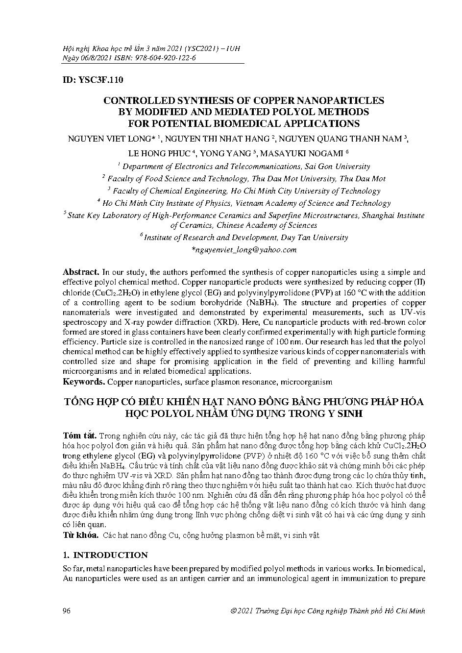 Controlled synthesis of copper nanoparticles by modified and mediated polyol methods for potential biomedical applications