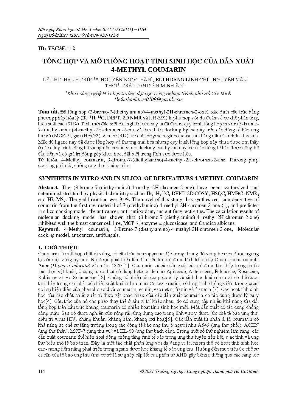 Tổng hợp và mô phỏng hoạt tính sinh học của dẫn xuất 4-methyl coumarin